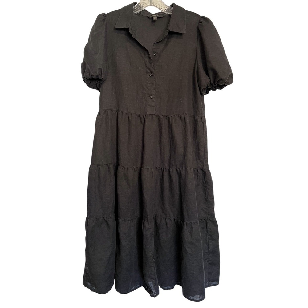 BANANA REPUBLIC Sz S Midi Dress Black Linen Tiered Button Front Puff Sleeves